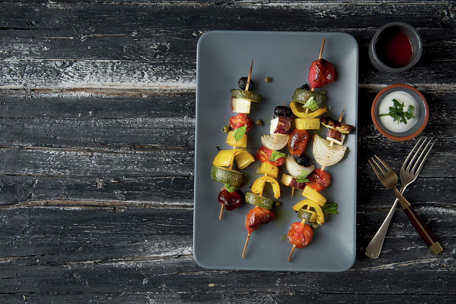 Vegetables Skewers On A Grey Platter Photograph by Valentina T.