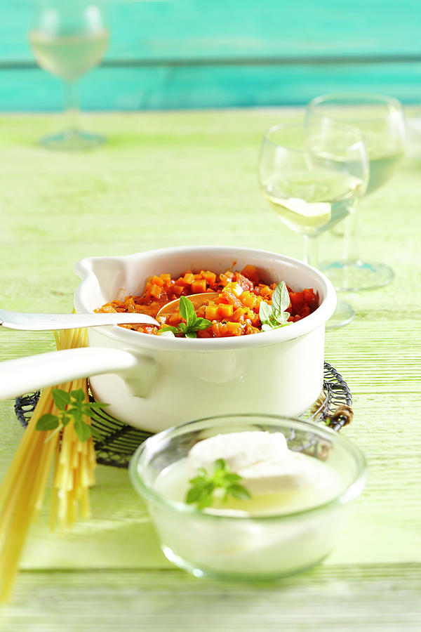 Vegetarian Carrot And Tomato Bolognese In A Small Enamel Pot Photograph by Teubner Foodfoto