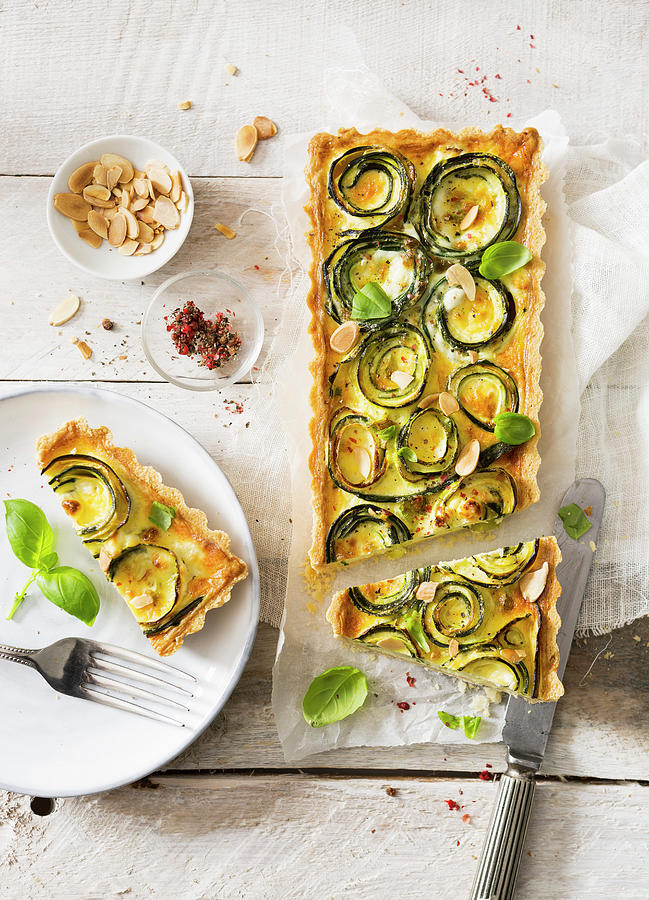 Vegetarian Courgette Roses And Feta Cheese Quiche With Toasted Almonds Photograph by Stacy Grant