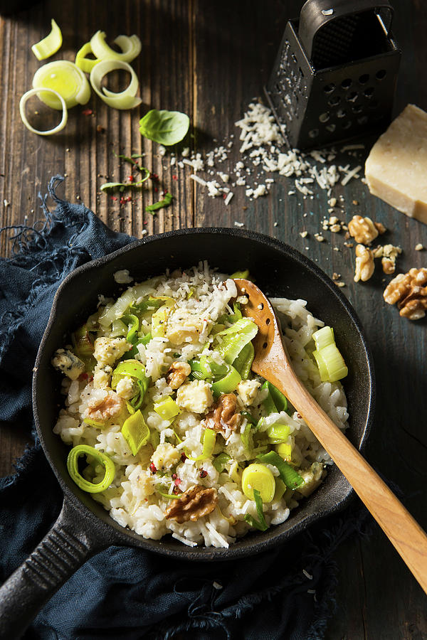 Vegetarian Leek, Blue Cheese And Walnut Risotto In A Pan Photograph by Stacy Grant