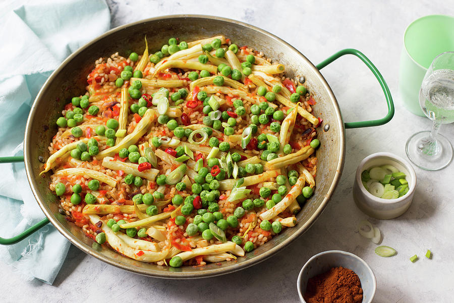 Vegetarian Paella, Peas, Yellow Beans, Red Chillies, Spring Onion And Smoked Paprika Photograph by Zuzanna Ploch