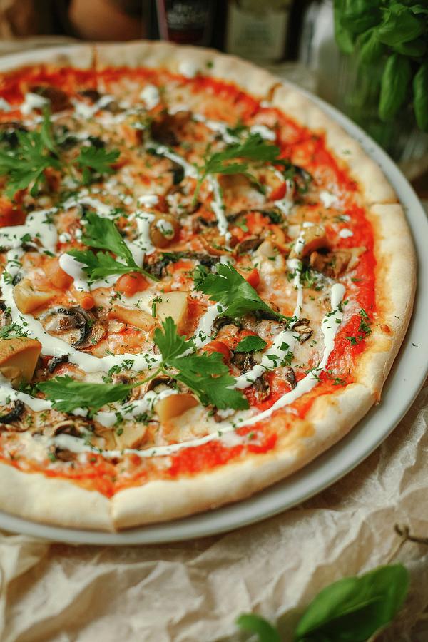 Vegetarian Pizza With Tomatoes, Mushrooms And Parsley Photograph by Kuzmin5d