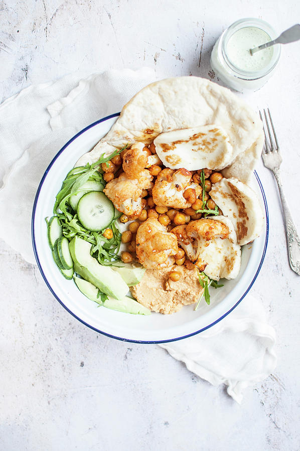 Vegetarian Shawarma Made With Chickpeas And Cauliflower, Served With Naan Bread And Fried Halloumi Cheese Photograph by Kachel Katarzyna