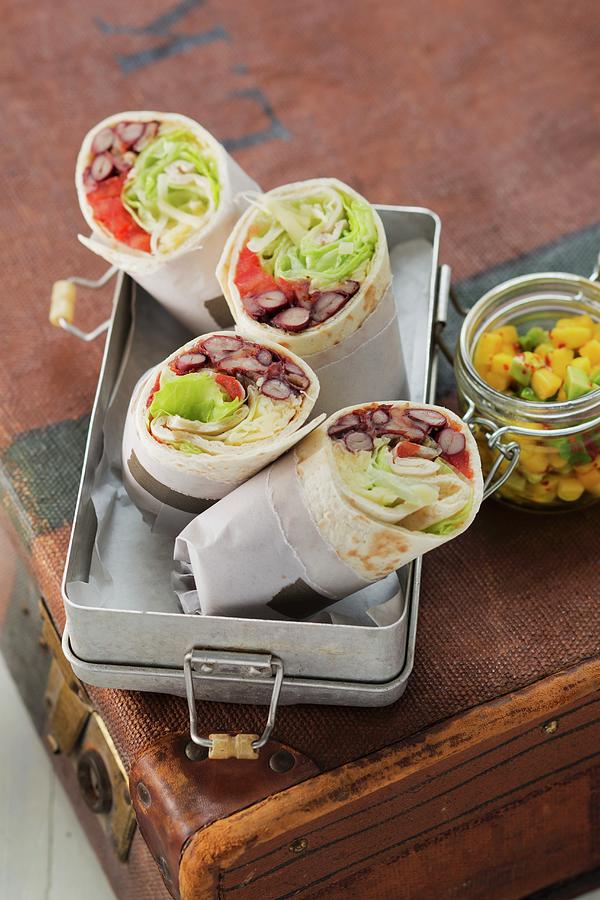 Vegetarian Tortilla Wraps Filled With Beans, Lettuce And Cheese Photograph by Sandra Eckhardt