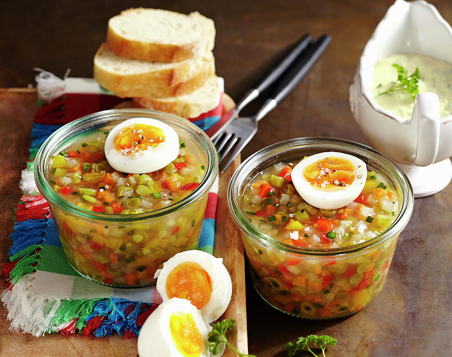 Vegetarian Vegetable Jelly With Agar Agar, Boiled Egg, Baguette Slices And Chive Sauce Photograph by Teubner Foodfoto