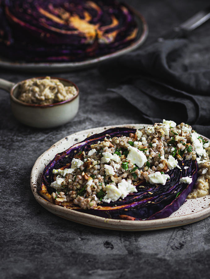 Vegeterian Red Cabbage steak With Feta And Buckwheat Photograph by Monika Rosa