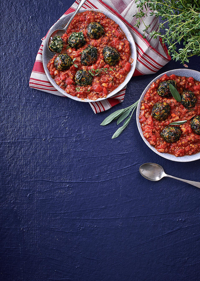 Vegeterian Spinach meatballs In Lentil Napoli Sauce Photograph by Great Stock!
