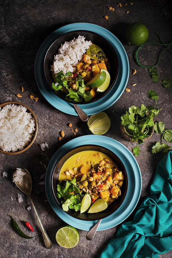Vegeterian Thai Curry With Squash And Chickpeas, Lime, Coriander And Toasted Peanuts, View From Above Photograph by Magdalena Hendey