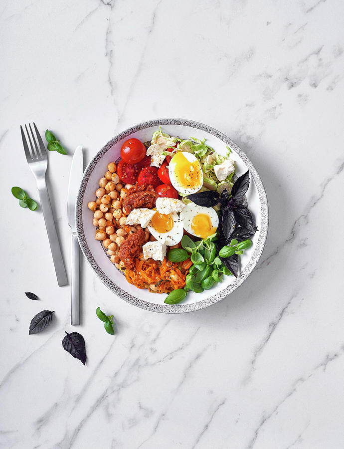 Veggie Bowl With Chickpeas, Boiled Eggs And Feta Cheese Photograph by Great Stock!