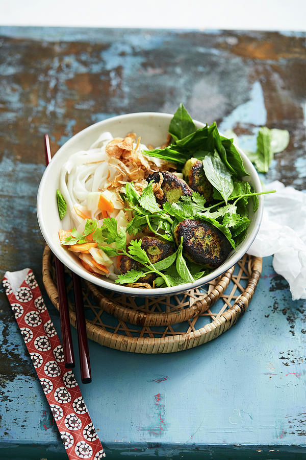 Veggie Bun Cha With Soya Balls, Herbs And Rice Noodles vietnam Photograph by Thorsten Suedfels / Stockfood Studios