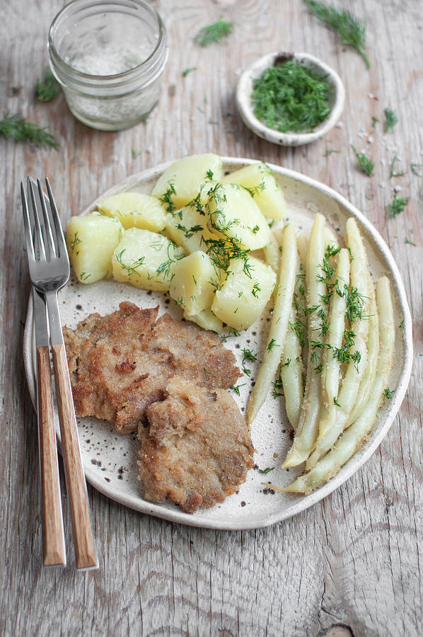 Veggie Oyster Mushroom Schnitzel Served With Potatoes, French Beans And Fresh Dill Photograph by Kachel Katarzyna