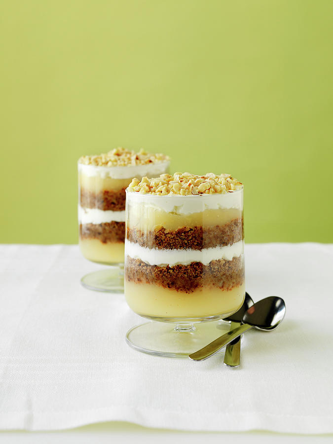 Veiled Country Lass layered Bread Pudding Desserts With Applesauce And Cream, Denmark Photograph by Jim Scherer