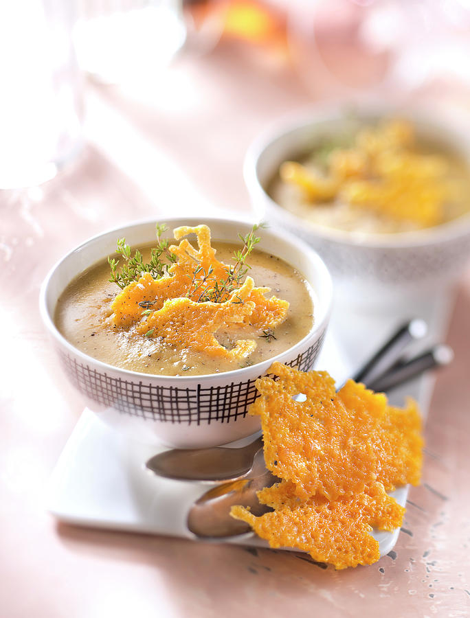Cheese Photograph - Veloute De Pois Casses Et Chips Dedam Cream Of Split Pea Soup With Edam Crisps by Studio - Photocuisine