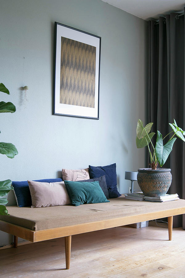 Velvet Cushions In Shades Of Blue On 50s Couch Photograph by Ilaria Chiaratti