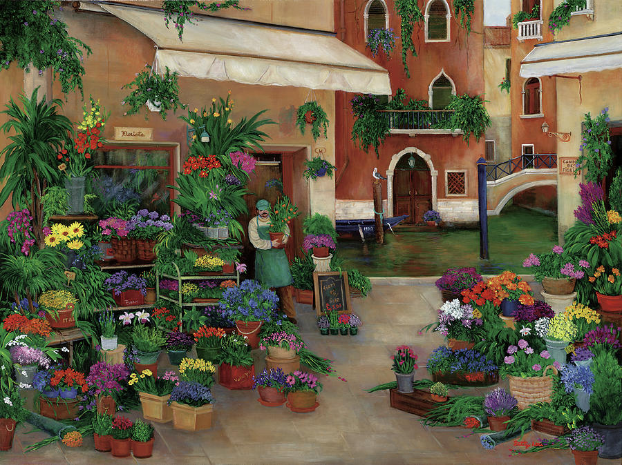 Flower Painting - Venetian Canal Flower Shops by Betty Lou