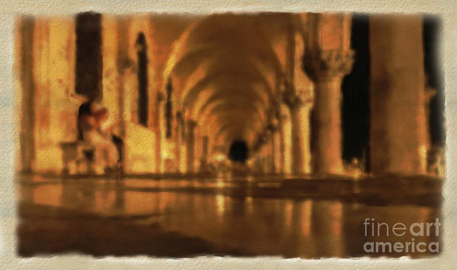 Venetian Gothic.Doges Palace at Night.Watercolor Mixed Media by Marina Usmanskaya