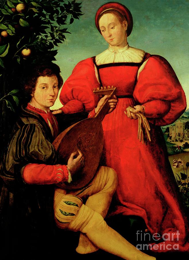 Venetian Lady And Lute Player Painting by Italian School