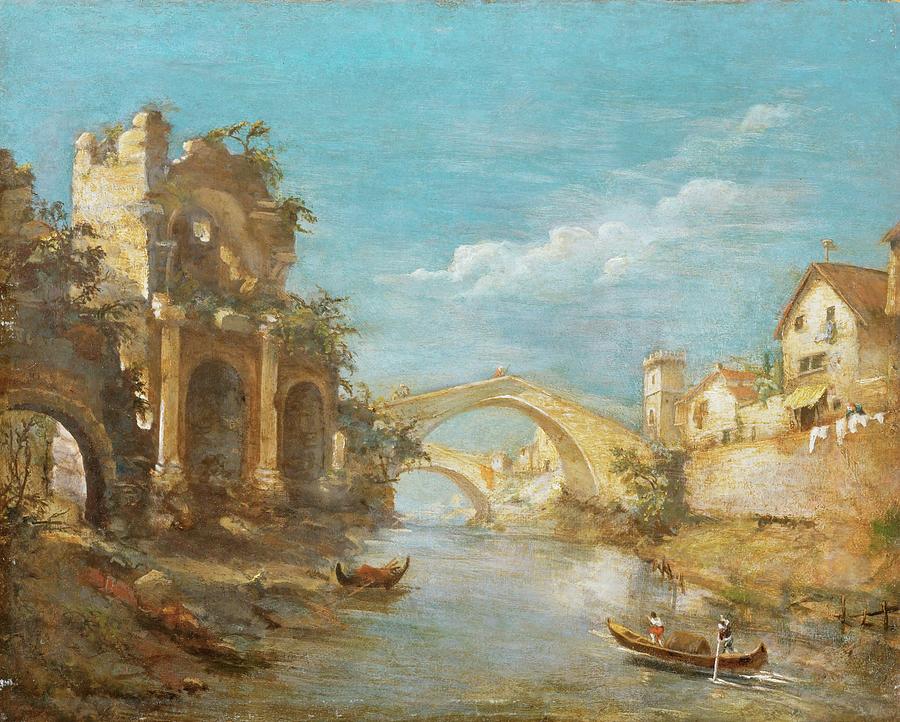 Venetian painter, Guardi workshop? Romantic landscape. Canvas, 35 x 44 cm. Painting by Anonymous Italian painter