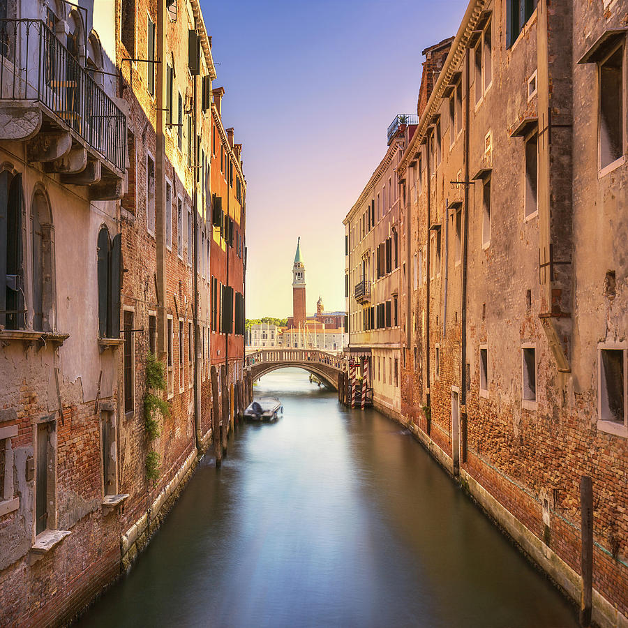 Venice cityscape, water canal, campanile church and bridge. Ital Photograph by Stefano Orazzini