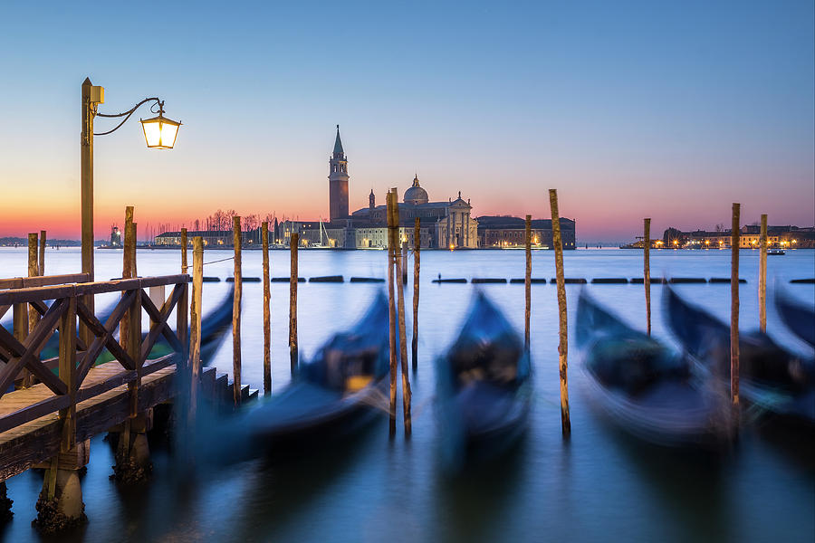 Venice, Gondolas Moored, Sunset Digital Art by Franco Cogoli - Fine Art ...