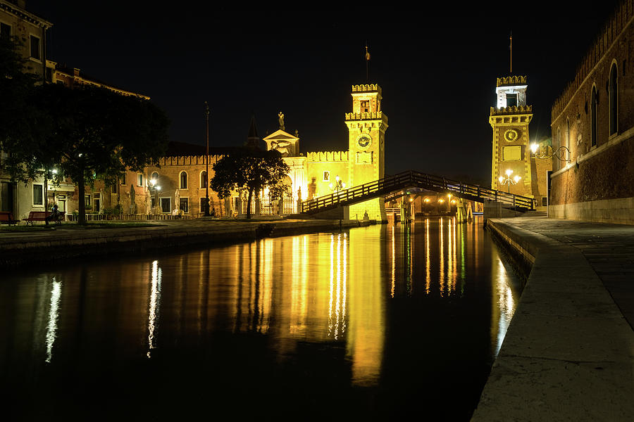 Venice Italy Golden Midnight - Venetian Arsenal Arsenale Di Venezia Photograph