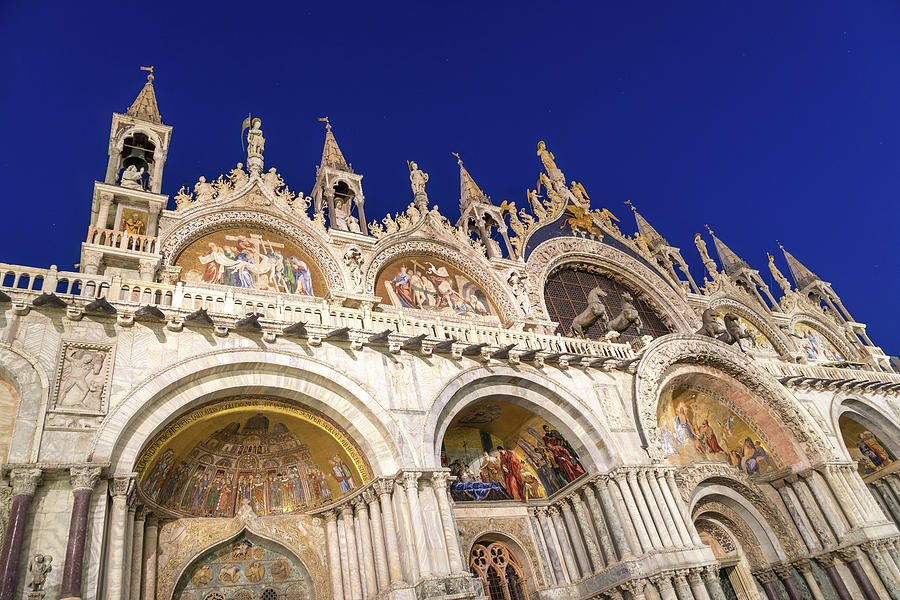 Venice Italy Night Magic - Saint Mark Basilica di San Marco Royal Blue Sky Photograph by Georgia Mizuleva