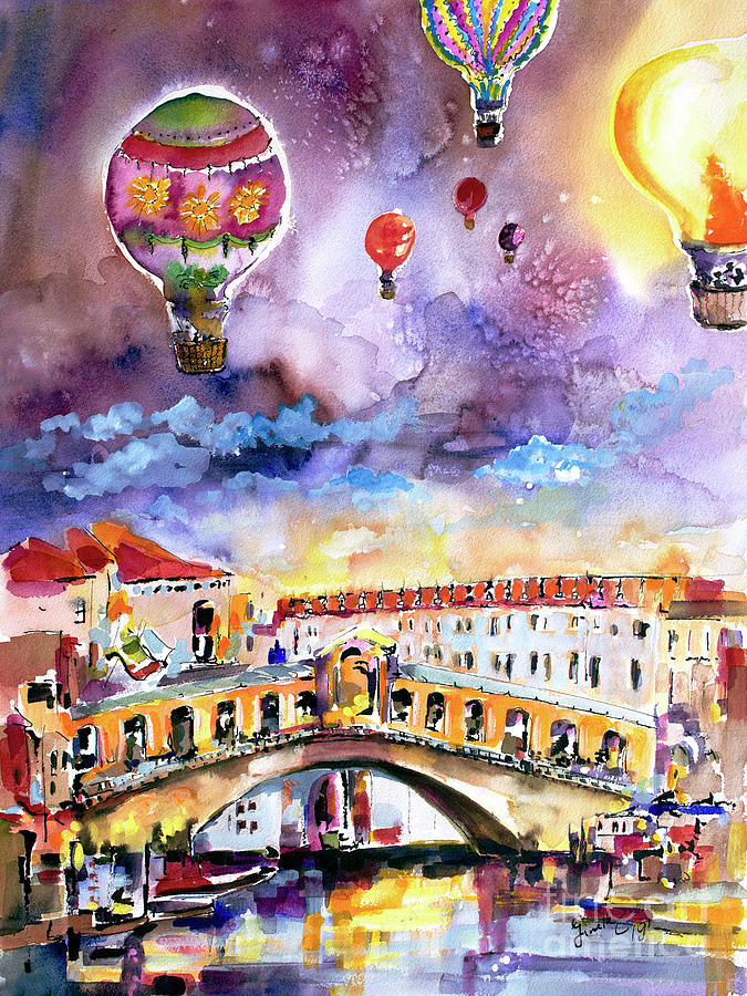 Venice Italy Rialto Bridge with Balloons Painting by Ginette Callaway