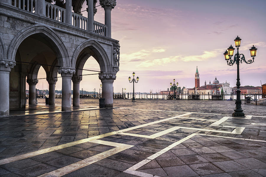 Venice landmark at dawn, Piazza San Marco, Doge Palace and San G Photograph by Stefano Orazzini
