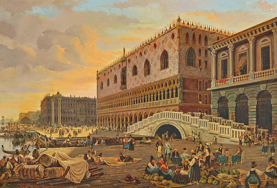Venice, Ponte della Paglia with the Doges Palace Painting by Pieter van Loon