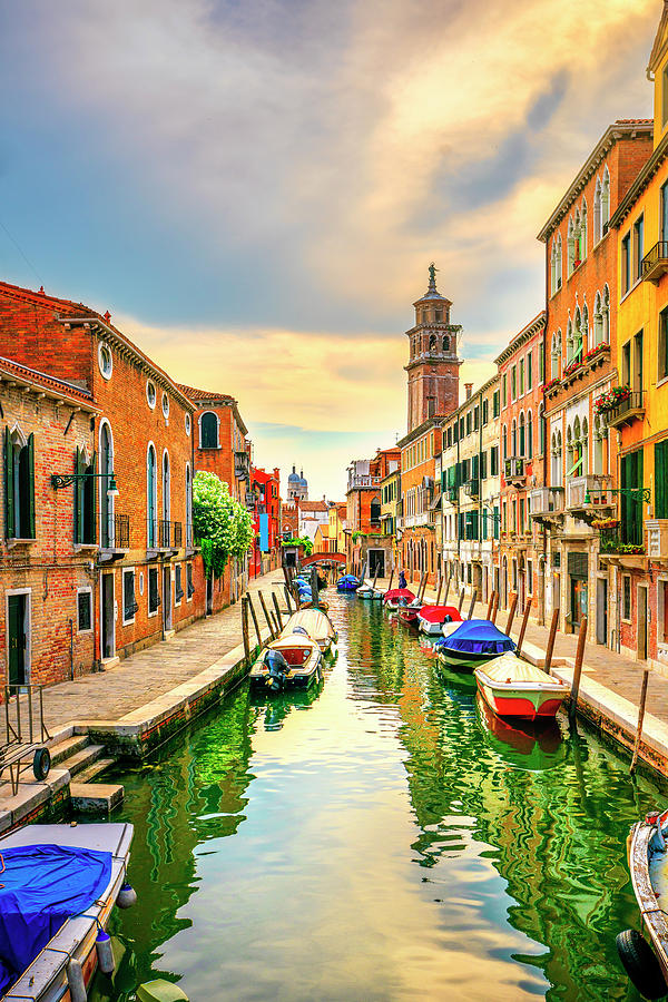 Venice rio San Barnaba cityscape, water canal, church and boats. Photograph by Stefano Orazzini