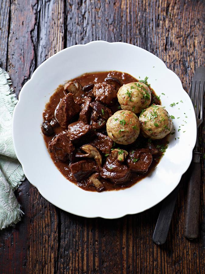 Venison Ragout With Mushrooms And Dumplings top View Photograph by Oliver Brachat