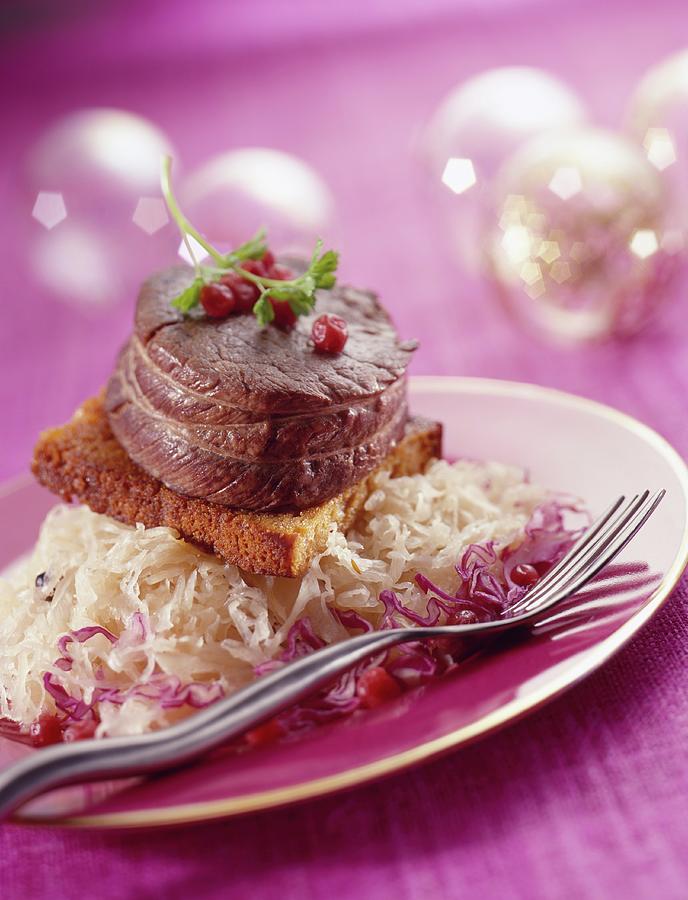 Venison Steak On Bed Of Toasted Gingerbread And Pickled Cabbage Photograph by H Et M
