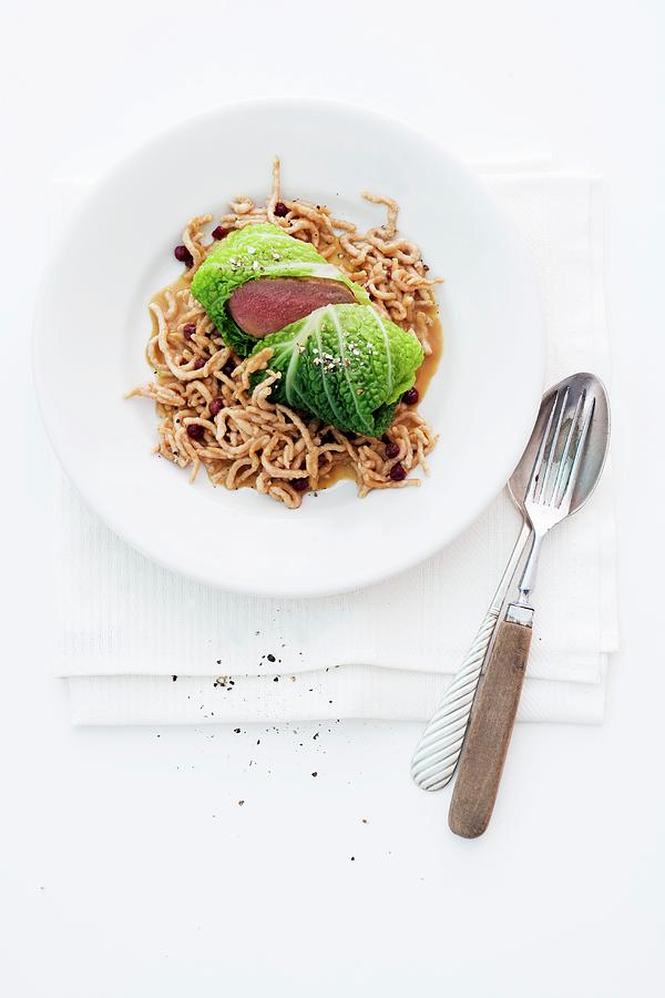 Venison Steaks And Savoy Cabbage With Walnut And Cinnamon Noodles Photograph by Michael Wissing