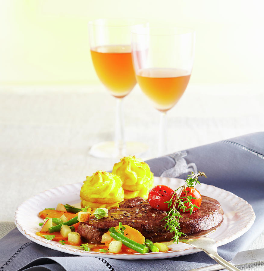 Venison Steaks With Potato Towers, A Bean Medley And Preserved Pears Photograph by Teubner Foodfoto