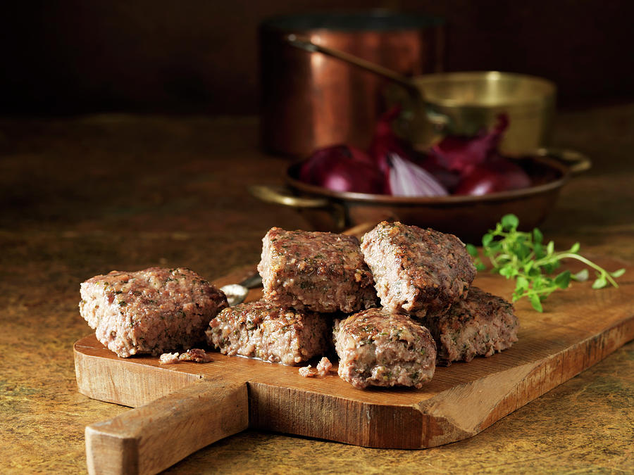 Venison With Red Onion And Thyme Stuffing On Rustic Chopping Board Digital Art by Diana Miller