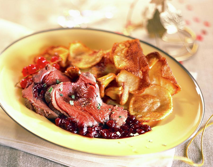 Venison With Sweet And Sour Sauce, Sweet Potato Crisps Photograph by Bagros