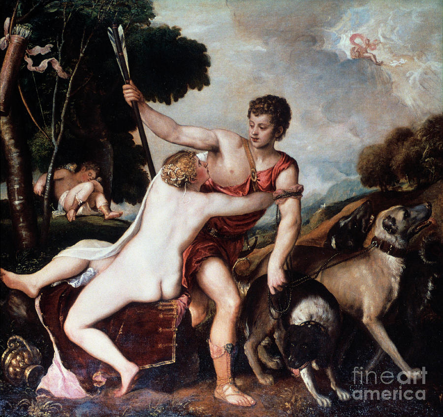 Venus And Adonis, 1553. Artist Titian Drawing by Print Collector