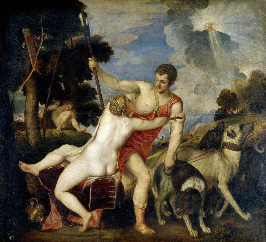Venus and Adonis, 1554, Italian School, Oil on canvas, 186 cm x ... Painting by Titian -c 1485-1576-