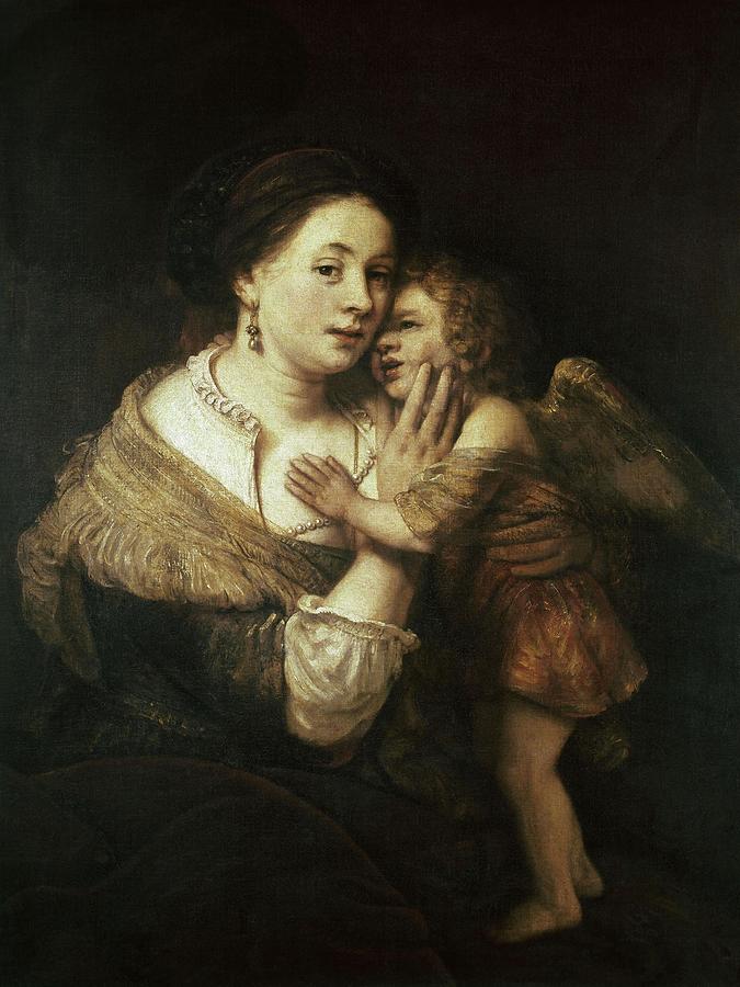 Venus and Love, ca. 1640-1675, Oil on canvas, 118 x 90 cm, Inv. 1743. CUPID. AMOR MITOLOGIA. Painting by Rembrandt -1606-1669-