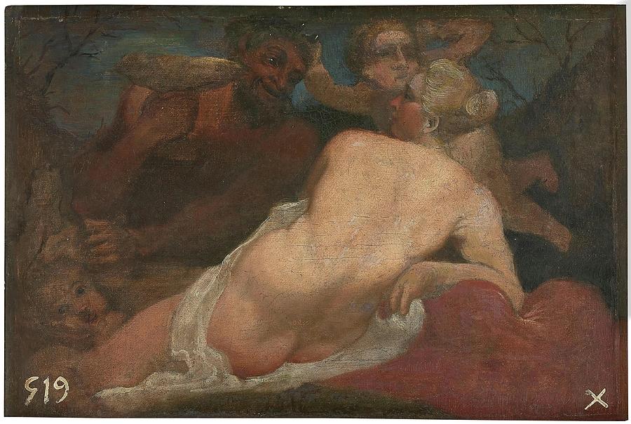 Venus y un satiro. Early Ultimo tercio del siglo XVI - XVII century. Oil on... Painting by Annibale Carracci -1560-1609-