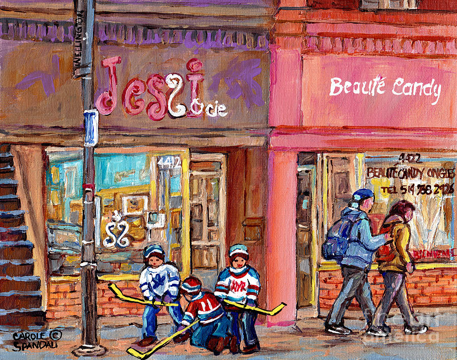 Verdun Montreal Storefront Painting Jessie Et Cie Beaute Candy Nail Shop Hockey Artist C Spandau Art Painting by Carole Spandau