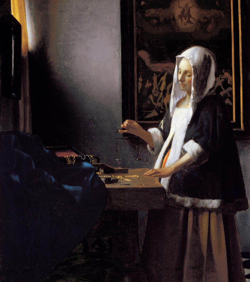 Jan Vermeer Painting - Vermeer-woman Holding A Balance by Portfolio Arts Group Jan Vermeer Painting - Vermeer-woman Holding A Balance by Portfolio Arts Group