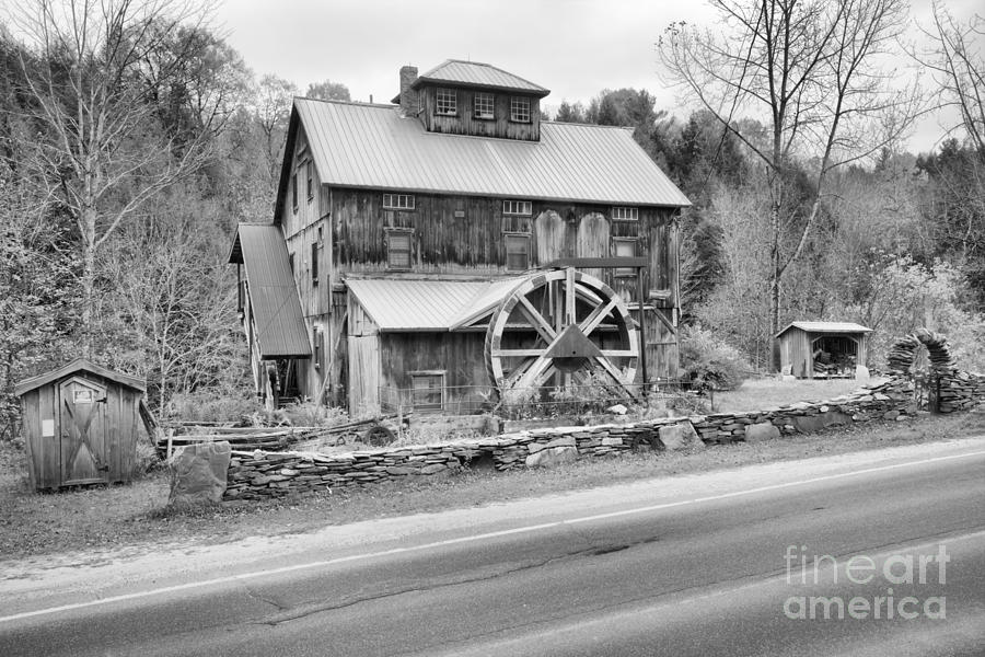 Vermont Grist Mill By The Road Black And White Photograph by Adam Jewell