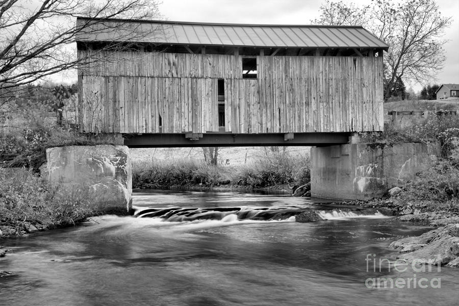 Vermont Mudgett Covered Bridge Black And White Photograph by Adam Jewell