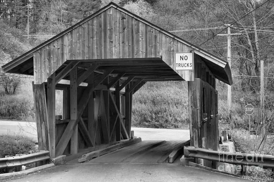 Vermont School Road Covered Bridge Black And White Photograph by Adam Jewell