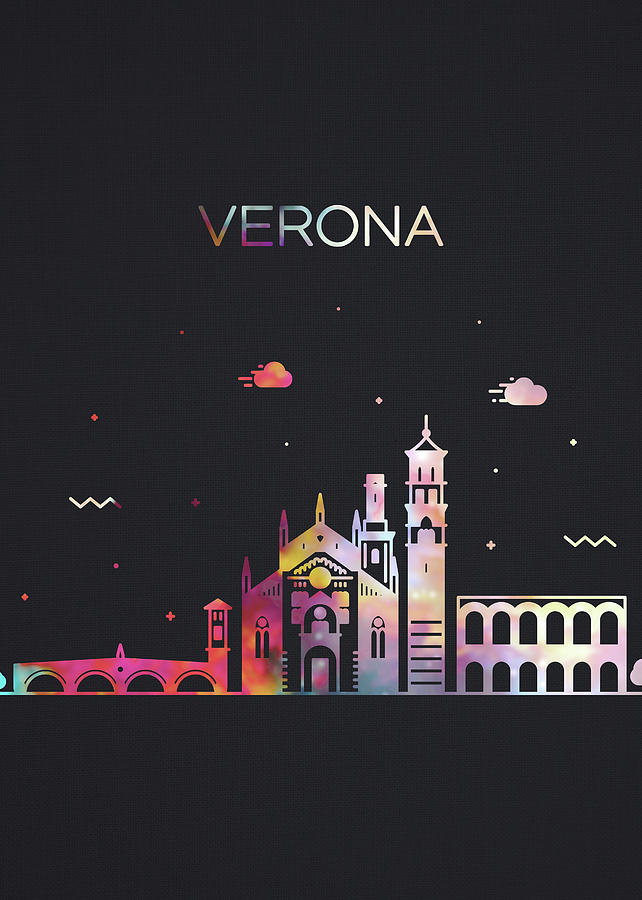 City Mixed Media - Verona Italy City Skyline Whimsical Fun Tall Dark Series by Design Turnpike