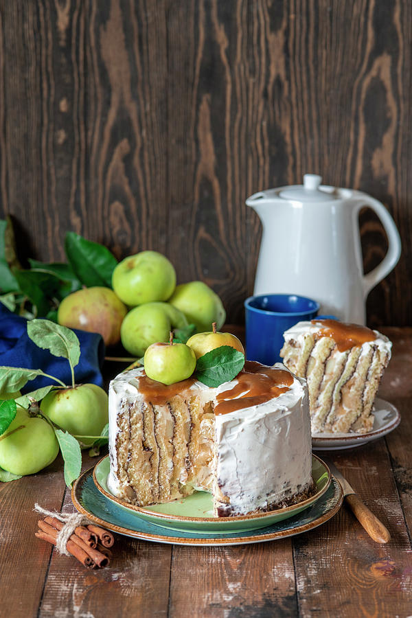 Vertical Apple Cake With Cinnamon And Cream Photograph by Irina Meliukh