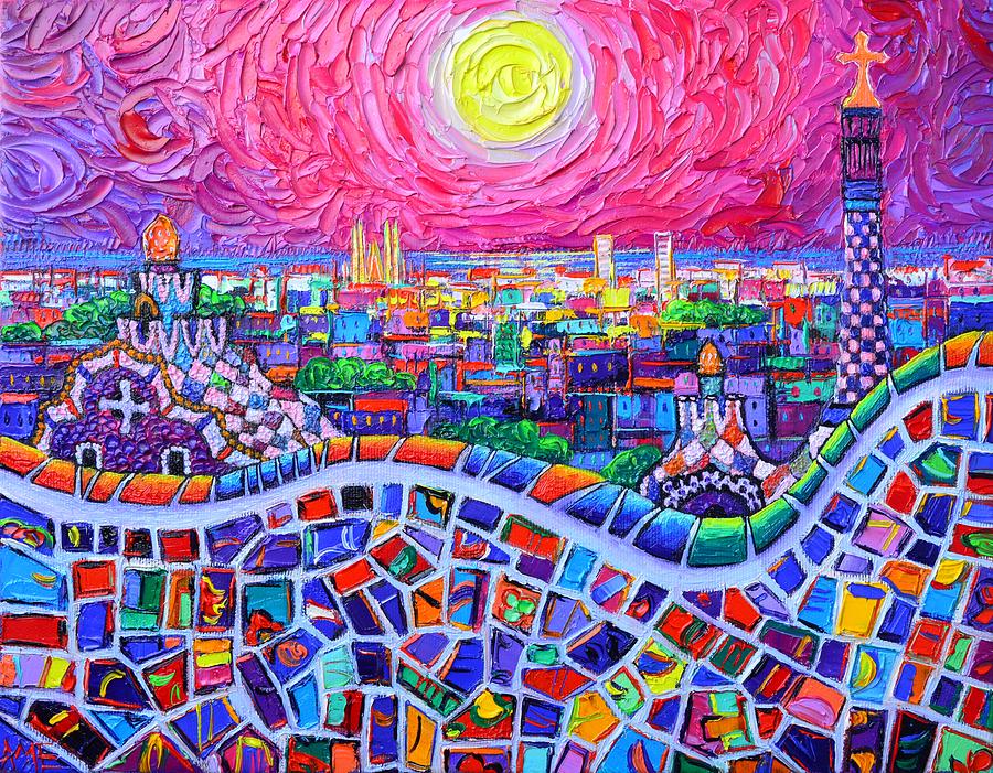 VIBRANT BARCELONA NIGHT VIEW FROM PARK GUELL modern impressionism knife painting Ana Maria Edulescu Painting by Ana Maria Edulescu