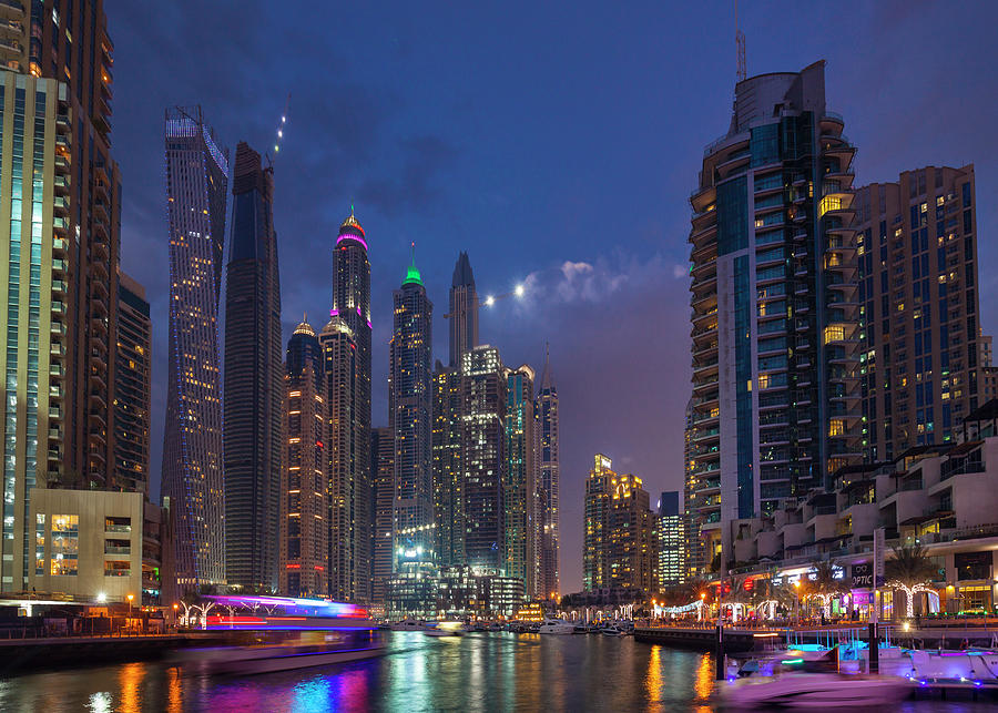 Vibrant Nightlife And Boats, Dubai Marina, Uae Digital Art by Henglein ...