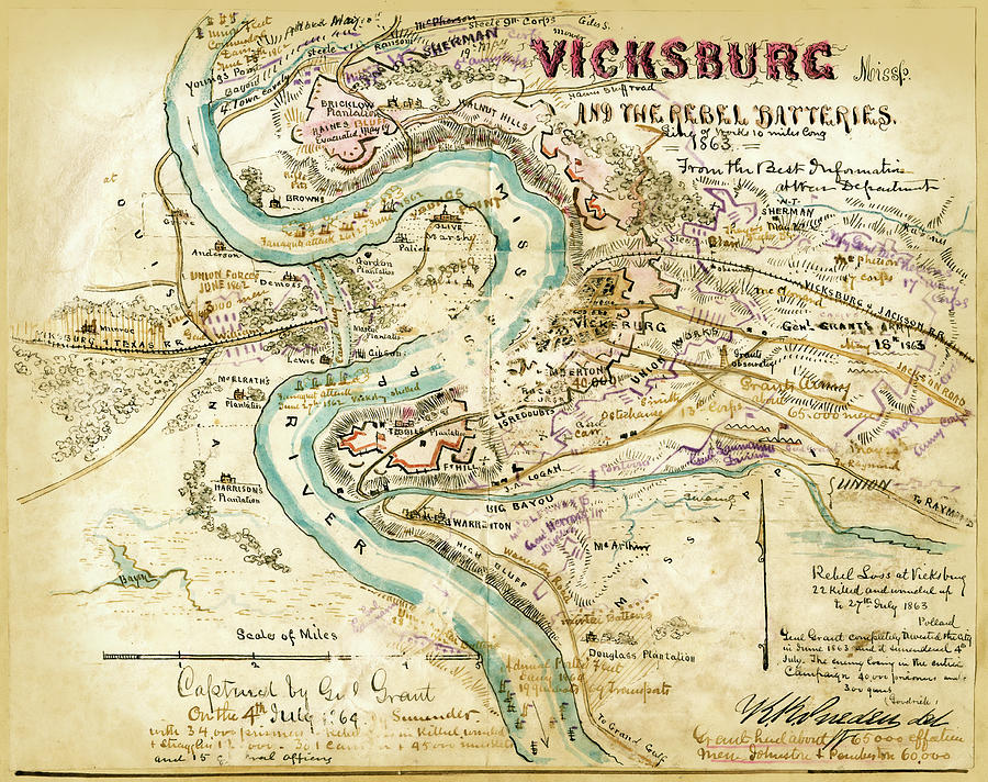 Vicksburg, Mississippi and the Rebel batteries 1863 Painting by Robert ...